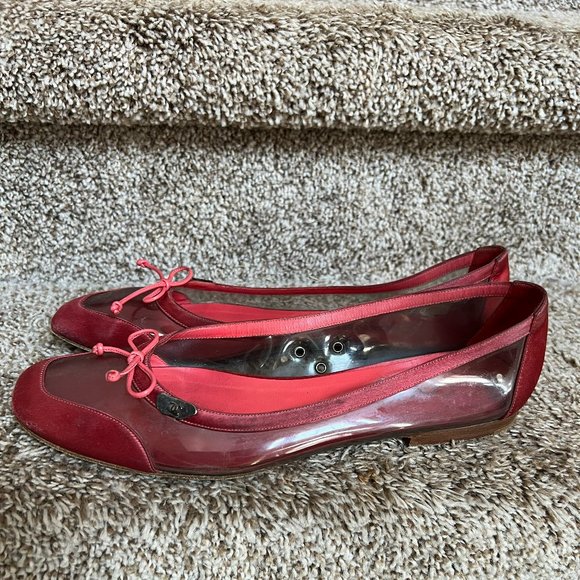 Chanel Women's Red Satin/PVC Embellished /Leather Ballet Flats. - Picture 1 of 14